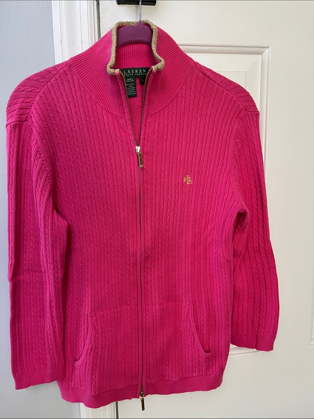 Vintage Ralph Lauren Hot Pink Cable-Knit Zip Cardigan with Gold Trim